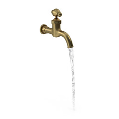 Vintage Brass Water Tap with Running Water isolated on transparent background