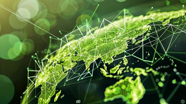 Green nodes on a global map represent a network of worldwide corporate sustainability schemes. Corporate carbon reduction