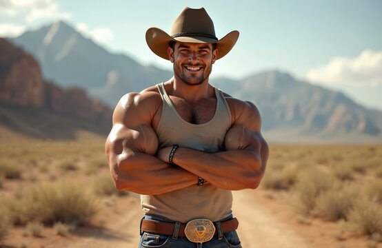 Beefy muscled cowboy wears hat smiling on prerie. Defined physique, strong confident man looking camera. Mountains background, sunny day. Muscular cowboy. Handsome, photogenic male outdoors.