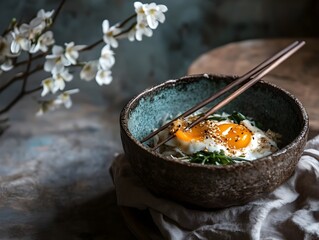 Rustic Korean Rice Bowl with Fried Eggs, Spinach and Sesame in Ceramic Dish

