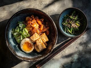 Korean Rice Bowl with Kimchi, Soft-Boiled Egg, Tofu and Green Vegetables