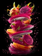 Dragon Fruit and Orange Splash Spiral on Black Background

