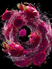 Dragon Fruit Vortex Splash with Whole and Sliced Pitayas on Black Background

