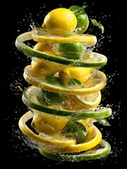 Lemon and Lime Splash Spiral with Slices and Whole Fruits on Black Background

