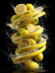Lemon Splash Spiral with Whole and Sliced Citrus on Black Background