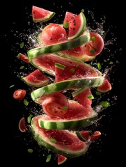 Fresh Watermelon Explosion with Mint and Splash Isolated on Black Background

