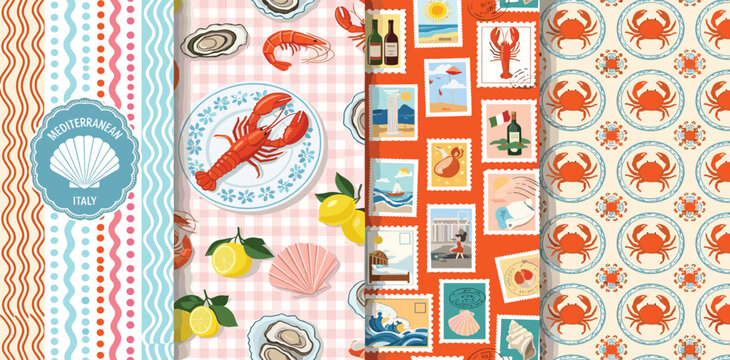 Mediterranean summer. Vector illustration of Amalfi, Italian cuisine, striped pattern, lobster, crab, lemon, postage stamps, shell for poster, background or textile