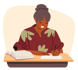 Clever teenage girl student cartoon character preparing for exam writing cheat of sheets in class