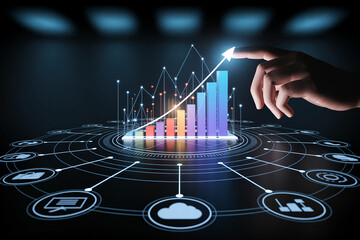 Hand interacting with futuristic digital interface showing upward bar graph and connected data analytics icons in blue technology style

