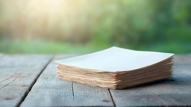 Blank Pages on Rustic: A close-up shot of a stack of pristine, unbound papers, resting upon a weathered wooden surface, offers a sense of potential, ready to receive thoughts and ideas.