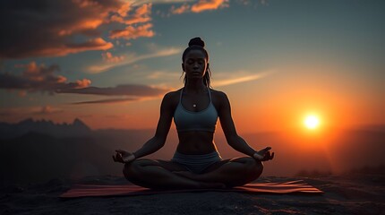 Black woman meditating on mountain by sitting on a yoga mat at sunset