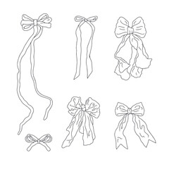 Cute hand drawn fancy linear black and white bow knots bundle isolated on white background. Pretty vintage monochrome line art coquettes set. Doodle decoration clipart. Vector illustration