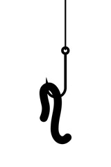 Fishing hook with worm icon. Black silhouette. Front side view. Vector simple flat graphic illustration. Isolated object on white background. Isolate.