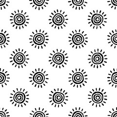 Small black suns isolated on white background. Monochrome seamless pattern. Vector simple flat graphic hand drawn illustration. Texture.