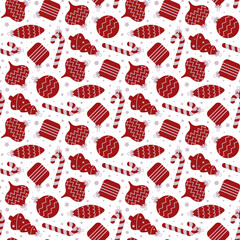 Small different red Christmas tree toys isolated on white background. Cute seamless pattern. Vector simple flat graphic illustration. Texture.