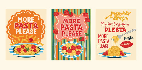 Italian pasta. Vector fun modern food art illustration of pasta, plate of spaghetti, tomato, typography, fork for kitchen or cafe wall poster, background, decor. More pasta please.