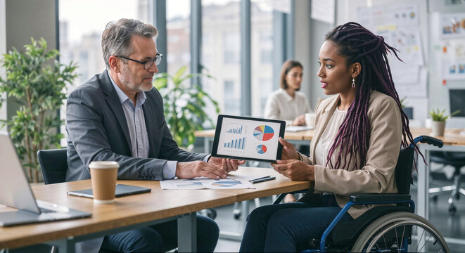 Disabled black businesswoman with purple dyed dreadlocks using wheelchair showing digital tablet with positive growth graphs and pie charts to male senior caucasian colleague in modern office