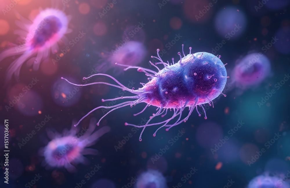 Aufkleber 3d render of bacteria cells with flagella floating in vibrant colorful environment. microscopic view