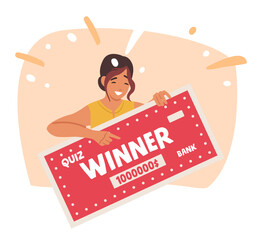 Happy smiling woman cartoon character quiz game winner holding voucher with cash prize award