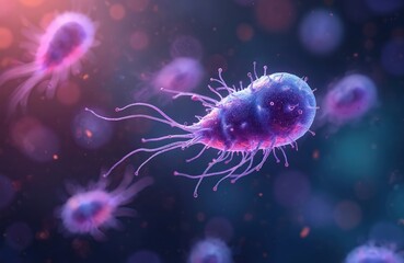 3D render of bacteria cells with flagella floating in vibrant colorful environment. Microscopic view of organisms, perfect for illustrating biology, medical, scientific research, medicine,