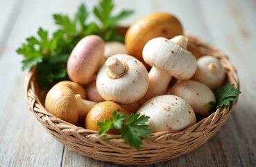 Mixed fresh mushrooms in wicker basket, edible organic ingredient. Several types white, brown, pink mushrooms with green plants. Healthy meal ingredient, vegan vegetarian food, still life photography.