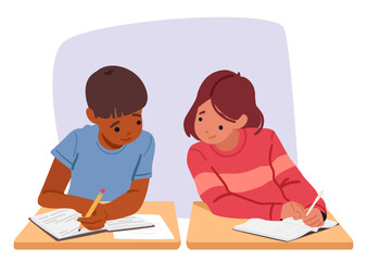 Boy and girl students classmates using cheat sheets in class during examination cartoon scene