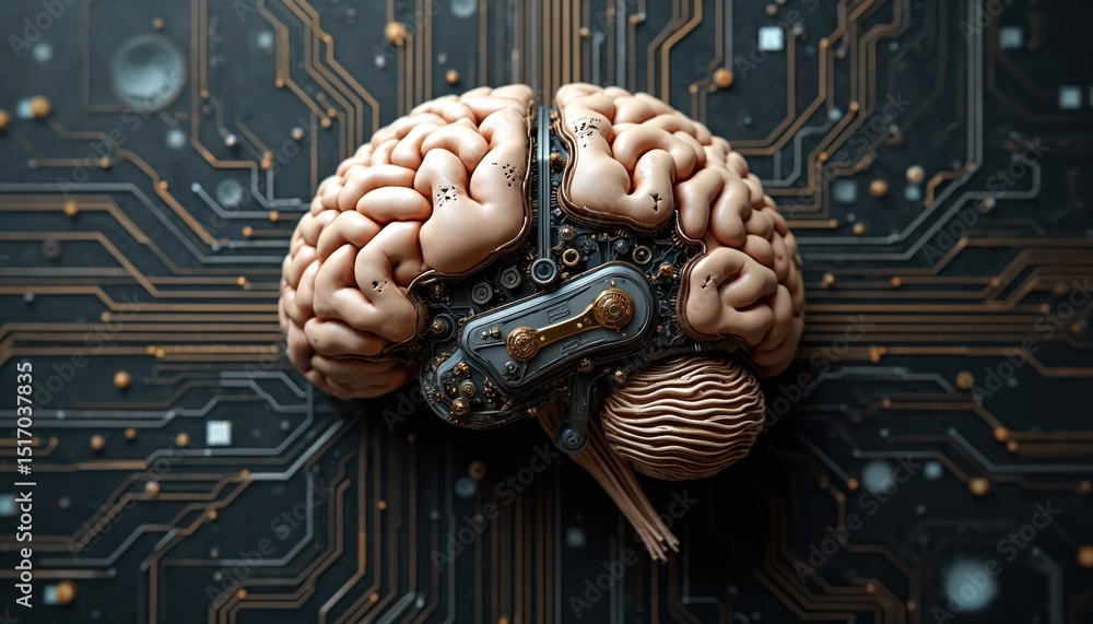 Poster surreal depiction of brain integrated with technology, circuitry. brain connected with wires on circ