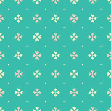 Flower polka dot tiled motif pattern. Doodle floral seamless background vector in pink and yellow over green.