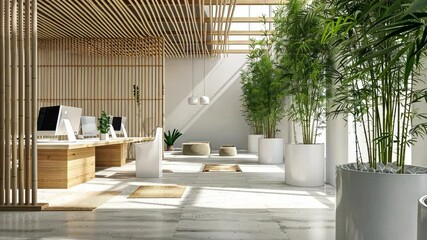 A sleek office layout exhibiting corporate sustainability with eco-conscious materials like bamboo desks and recycled paper goods. Corporate carbon reduction