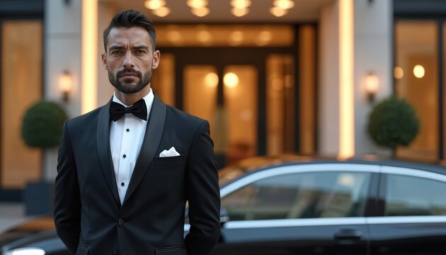 Elegant doorman in uniform stands at luxury hotel entrance, black car parked nearby. Professional, upscale service. Client, business travel, hospitality. Architecture, urban landscape, expensive