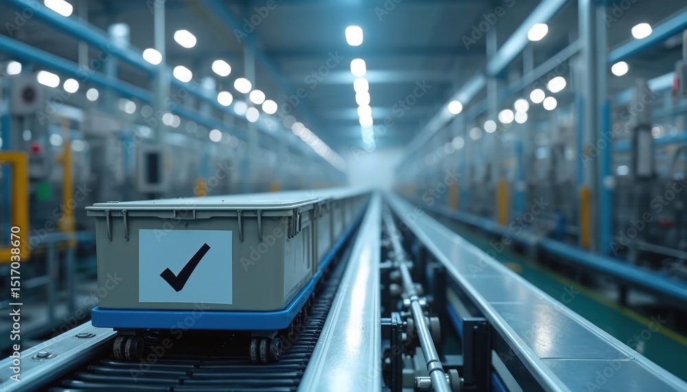 Poster automated industrial conveyor system transports containers with check marks through factory. quality