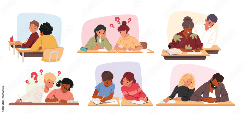 Poster school pupils and university students characters cheating on exam lesson copying classmate answers