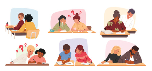 School pupils and university students characters cheating on exam lesson copying classmate answers