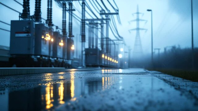 Rain pouring down over a vast electrical substation, power transformers glistening with water droplets, steam rising from the heated metal surfaces as thick high-voltage cables str