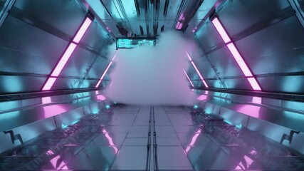 Smoke filling futuristic metallic corridor with blue and purple neon lights illuminating reflective floor and ceiling, creating mysterious and futuristic atmosphere - Powered by Adobe