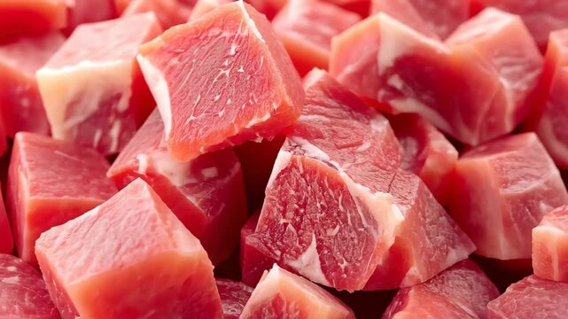 Cubed Cuts of Raw Meat: A close-up shot showcases a pile of raw, uncooked meat cubes, showcasing their vibrant red color and fresh appearance.
