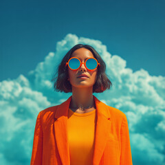 A portrait of a woman wearing round sunglasses, an orange blazer, and a yellow top, standing in front of white clouds against the backdrop of the sky.