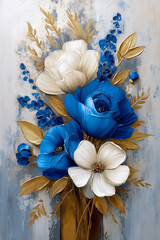 Beautiful floral arrangement with blue and white flowers against a textured background