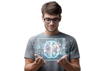 Pulsating Intelligence: AI Developer Holding Glowing Brain Circuit for Innovation and Future Technology.