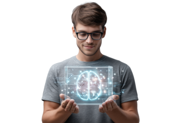 Pulsating Intelligence: AI Developer Holding Glowing Brain Circuit for Innovation and Future Technology.