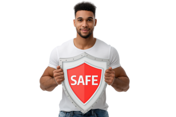 Digital Guardianship: Confident Man Holding "SAFE" Shield for Online Security and Data Protection.
