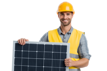 Solar Engineer Smile: A Confident 40-Year-Old Swedish Male Construction Worker in a Hard Hat and Vest, Holding a Solar Panel, Perfect for Renewable Energy and Sustainable Technology