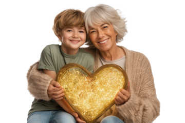 Generational Glow: A Happy Caucasian Grandma and Grandson Embracing a Luminous Heart, Ideal for Family Love and Intergenerational Bonds