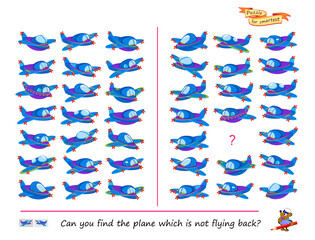 Can you find the plane which is not flying back? Logic puzzle for smartest. Educational game for children. Page for kids brain teaser book. Task for attentiveness. IQ test. Flat vector illustration.