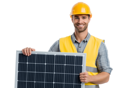 Solar Engineer Smile: A Confident 40-Year-Old Swedish Male Construction Worker in a Hard Hat and Vest, Holding a Solar Panel, Perfect for Renewable Energy and Sustainable Technology