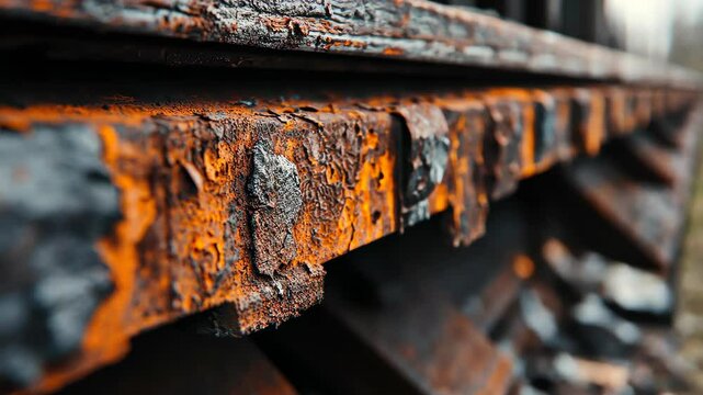 Rusted Railing Details: An extreme close-up unveils the textured surface and intense orange hues of a weathered, rusting rail track, hinting at stories of passage and time.