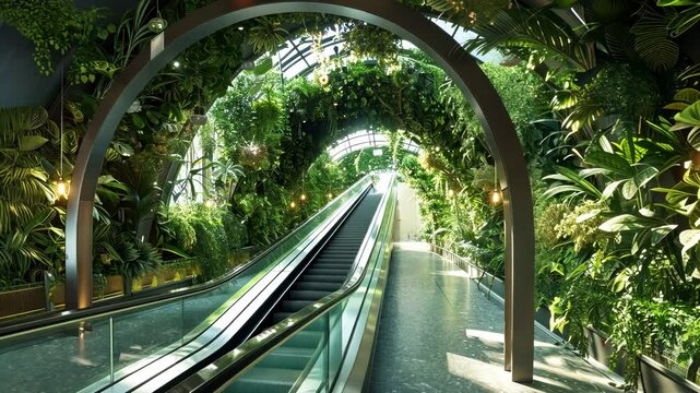 'Green' escalator design concept surrounded by lush foliage, signifying the blend of nature into business structures for aesthetics and air purity. Corporate carbon reduction