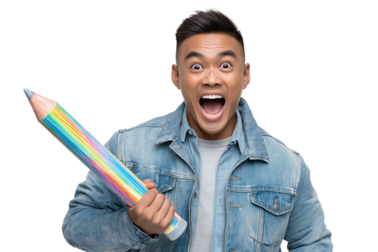 Creative Spark: Excited East Asian Man Holding a Giant Rainbow Pencil, Perfect for Concepts of Creativity, Education, Inspiration, and Artistic Expression.