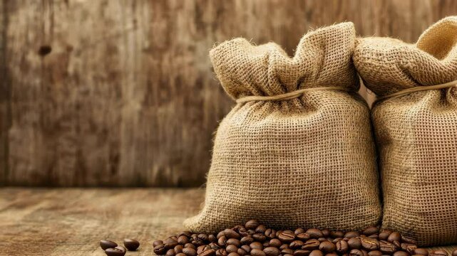 Coffee Bean Bags on Wooden Table: Two rustic burlap sacks brimming with aromatic coffee beans rest upon a weathered wooden surface, evoking a sense of warmth and the rich essence of the beverage.
