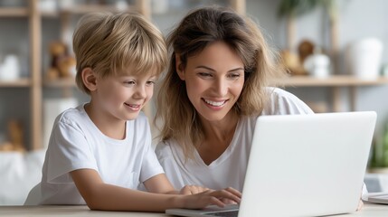 Mother and child engaged in digital learning at home during daytime